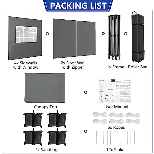 COBIZI 10x20 Heavy Duty Pop Up Canopy Tent with 6 Sidewalls Thicken Frame, Commercial Easy Up Outdoor Wedding Party Tents, All Season Waterproof Windproof with Stakes Sandbags Ropes Roller Bag, Gray - color: Gray, size: 10x20