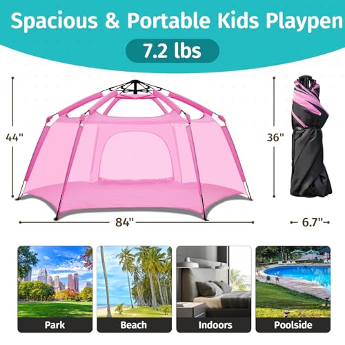 Alvantor® Pop Up Playpen- 7'x7'x44”Baby Playpen Large Kids Play Tent Portable and Foldable Playpen Indoor/Outdoor Play Yard with Protective Mesh, UV SPF 50+ Sunshade, and Soft Foam Floor, Pink - color: Pink, style: Standard