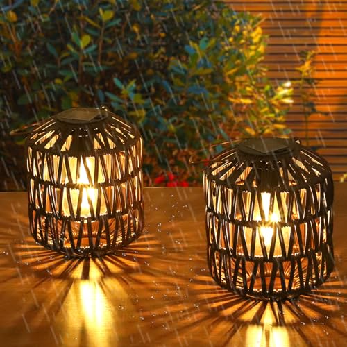 Rattan Outdoor Solar Lanterns, Solar Lights Outdoor Waterproof, 2 Pack Outside Table Lamp, Gardening Lantern Lights Gifts for Women, Hanging Lantern for Yard, Patio, Tree, Tabletop Decoration (Coffee) - size: 2 Pack-Coffee
