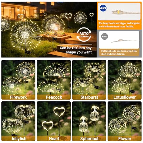 Solar Garden Lights Outdoor Decor Waterproof, 3Pack 120LED Firework Lights for Garden Decorative, Fairy Lights Solar Powered for Yard, Patio,Pathway,Flowerbed,Planter,Party(Warm White) - size: 3 Pack