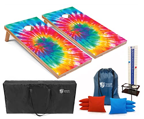Tailgating Pros Cornhole Boards - 4'x2' Regulation Boards w/Carrying Case, Score Keeper, & Set of 8 Corn Filled Bags w/Tote - size: 4'x2' Boards, style: Tie Dye