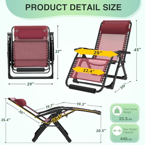 Suteck Oversized Zero Gravity Chair,29In XL Lounge Chair w/Removable Cushion&Headrest, Reclining Camping Chair w/Upgraded Lock and Footrest, Reclining Patio Chairs Recliner for Indoor Outdoor - color: Claret, style: 29Inch