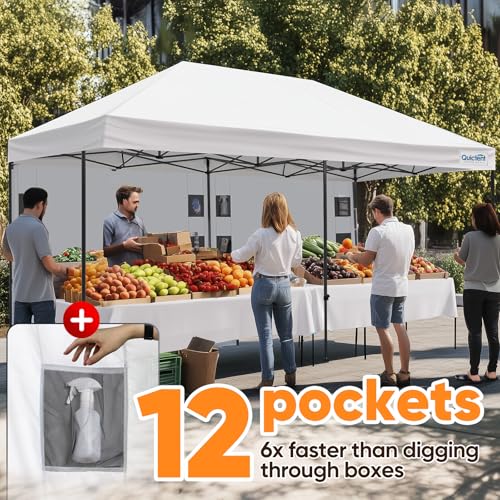Quictent 10x20 Heavy Duty Pop up Canopy Tent with 3 Removable Sidewalls, Commercial Grade Instant Shelter with Wheeled Bag for Outdoor, Parties, Markets, 600D PU Coated UPF 50+ Sun Shield - color: Off White, size: 10x20