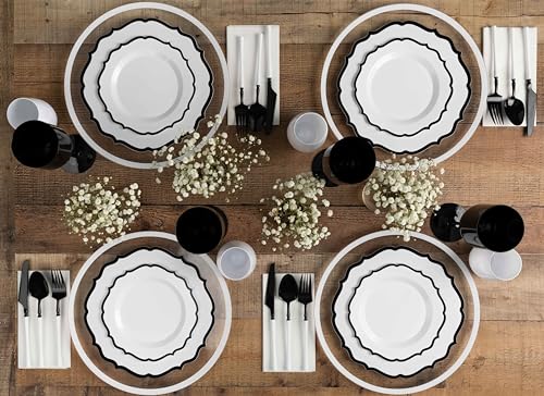 PLASTICPRO 32 Pack Elegant Disposable Plastic Plates Combo Set Includes 16 Dinner Plates and 16 Salad Plate Heavy Duty Fancy Party Plates White & Black Contemporary Design - color: White & Black Contemporary