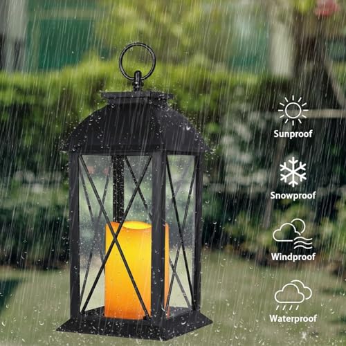 Bdor 2 Pack 13-Inch Black Decorative Lantern with LED Candle (6hr Timer) - IP65 Waterproof Battery Powered - Outdoor Patio Hanging Lanterns Decorative Tabletop Lanterns - color: Flashing Black