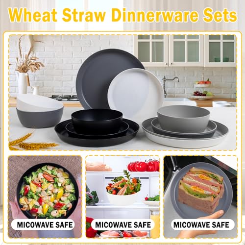 EI 12pcs Wheat Straw Plates,Wheat Straw Dinnerware Set,Plate and Bowls Sets,Plastic Plates Reusable-White,Black,Grey,Dark Grey,Dinner Plate Set of 4 Kitchen,Picnic - color: Black,White,Grey and Dark Grey Wheat Straw Plates and Bowls
