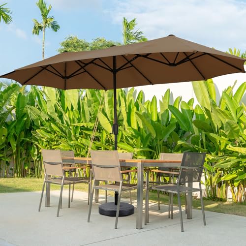 13Ft Large Patio Umbrella with Base Outdoor Double-Sided Market Extra Large Table Umbrella Easy Crank for Yard, Poolside, Deck-Coffee - color: Coffee, size: 13FT Umbrella+Base