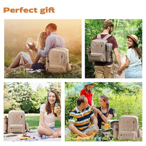 24L Insulated Picnic Basket Leak Proof Picnic Backpack for 2, Light Brown Camping Gifts, Cool Bridal Shower Gifts for Bride & Groom, Mr & Mrs, Anniversary Engagement Wedding for Newly Engaged Couples