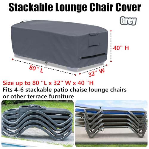 Outdoor Chaise Lounge Cover for 4-6 Stackable Patio Chaise Lounge Chairs, Waterproof, Durable Polyester Fabric 80 x 32 x 40 Inch Pool Lounge Chair Covers for Winter Storage (Grey) - color: Grey, size: Stackable (80"L x 32"W x 40"H)