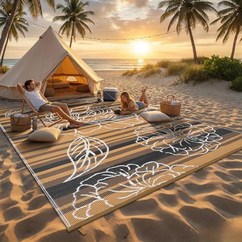 Garvee 10x14 Outdoor Waterproof Rug, Floral Outdoor Area Rug，Reversible Plastic Straw Patio Rug, Portable Camping Mat for RV, Picnic, Beach, Balcony, Garden & Camping Black&Brown - color: Blackbrown, size: 10' x 14' (Rectangular)