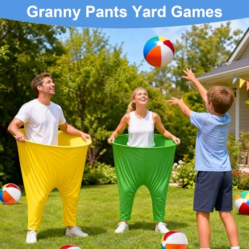 Granny Pants Yard Game Set, Oversized Pants with Bouncy Balls, Pumps & Flags, Giant Outdoor Tossing Games for Adults Family Birthday Backyard Party Team-Building Gatherings - color: Pink+Blue+Green+Yellow