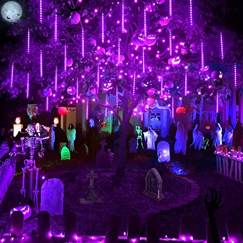 JMEXSUSS 2 Pack Purple Solar Halloween Lights, 16 Tube 288 LED Solar Meteor Shower Rain Lights, Christmas Light Outdoor Waterproof for Tree Halloween Christmas Decorations - color: Purple, size: 2*144LED