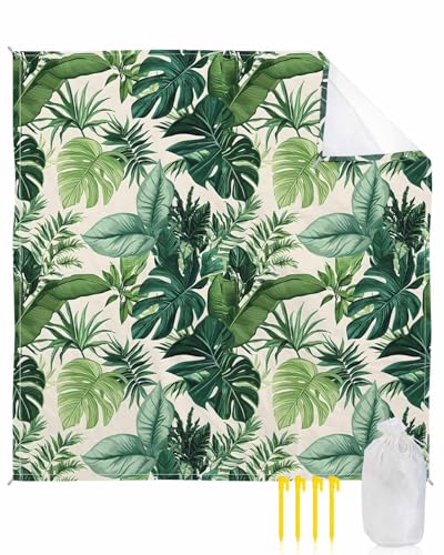 Summer Watercolor Green Palm Leaves Beach Blanket Waterproof Sandproof Outdoor Picnic Mat 95x80in Farmhouse Tropical Plant Lightweight Large Beaach Blankets with 4 Stake & 4 Corner Pockets - size: 95x80in