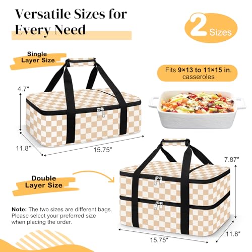 Coobiiya Insulated Casserole Carrier,Lasagna Lugger Tote Keeps Food Hot or Cold,Thermal Lunch Bag Warmer & Cooler Carrier Bag,Portable Tote Bag Fits 9" x 13" Baking Dish for Picnic and Cookout - color: Beige Grid, size: Single Layer: 15.75 × 11.8 × 4.7 in