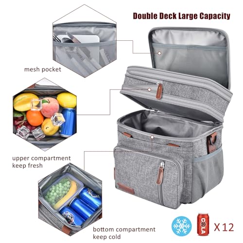 MIYCOO Lunch Bag & Lunch Box for Women Men, Double Deck Leakproof Insulated Soft Large Adult Camping Cooler bag for Work, Beach, Picnic, Travel (Grey, 15L) - color: 2 - Gray