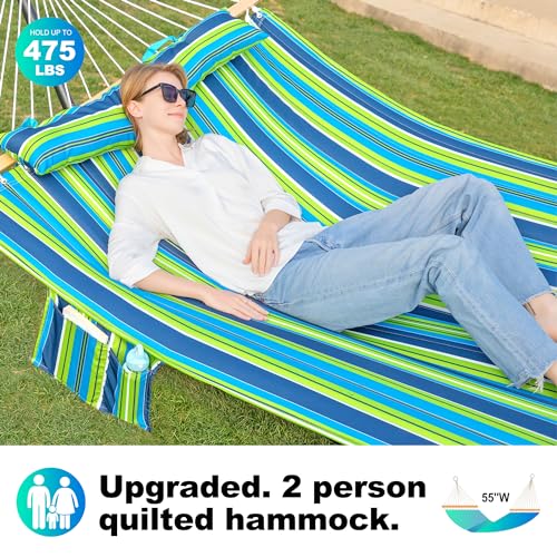 GAFETE Hammock 2 Person Quilted Fabric Hammocks for Outside, Double 12ft Hammocks with Spreader Bar, Large Removable Pillow, Storage Bag, Carabiners, Max 475 lbs Capacity (Garden) - color: Garden