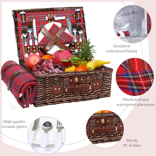 Neti Neti Wicker Picnic Basket for 4 with Insulated Cooler & Waterproof Blanket – Large Willow Picnic Hamper for Outdoor, Camping, Beach, Romantic Dates, Valentine’s Day - color: Red & Blue Checkered
