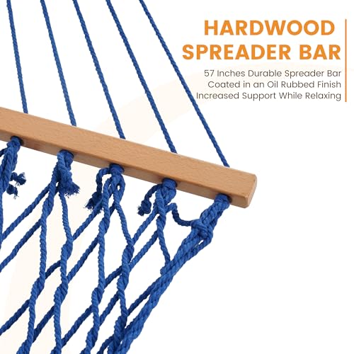 Lazy Daze Hammocks 12FT Double Rope Hammocks, 2 Person Hand Woven Cotton Hammock with Spreader Bar for Outside, Patio, Poolside, FIT 13-15 FT Stand, Max 450 Lbs, Blue, 141 x 57 inches - color: Blue