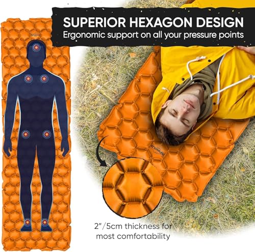 POWERLIX Ultralight Inflatable Camping Sleeping Pad - Camping Mattress for Backpacking, Hiking, Compact Lightweight Sleeping Mat for Camping, Inflation Bag/Repair Kit Included - color: Orange & Black