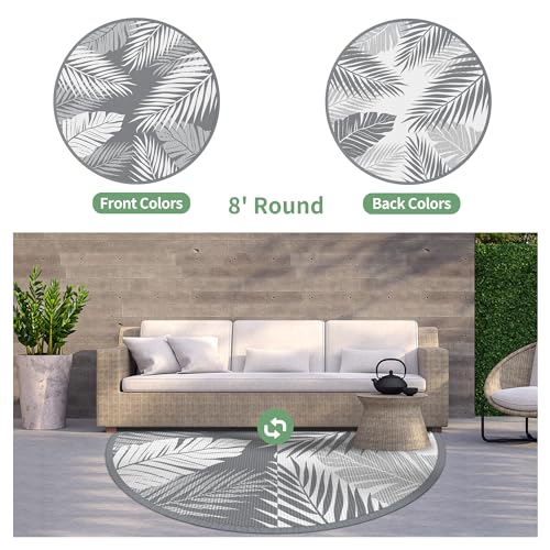 GENIMO Outdoor Rug 8' Round Waterproof for Patios Clearance, Reversible Outdoor Plastic Straw Camping Rug Carpet, Large Area Rugs Mats for RV, Camper, Deck, Balcony, Porch, Beach, Picnic, Grey&White - color: Grey & White | Waterproof, size: 8' (Round)