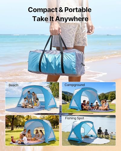 VEVOR Beach Tent Sun Shelter for 6 Person, UPF 50+, Portable Sun Shade Beach with Carrying Bag & Sand Pockets, Lightweight and Easy Setup Beach Umbrella for Family Camping Outdoor Picnic - size: 6 Person