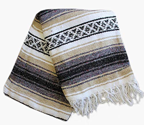 Del Mex Classic Mexican Blanket, Large Authentic Woven Falsa Throw (70"x50"), Artisan Southwest Décor for Beach, Yoga, Outdoors (Tan) - color: Tan