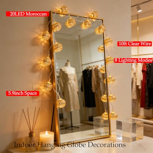 USB & Battery Operated Fairy Moroccan String Lights for Home Bedroom Decor, 9.8ft 20 LED Decorative Metal Gold Globe Lanterns 8 Modes Diwali Decoration for Christmas Birthday Boho Party (Warm White) - color: Warm White