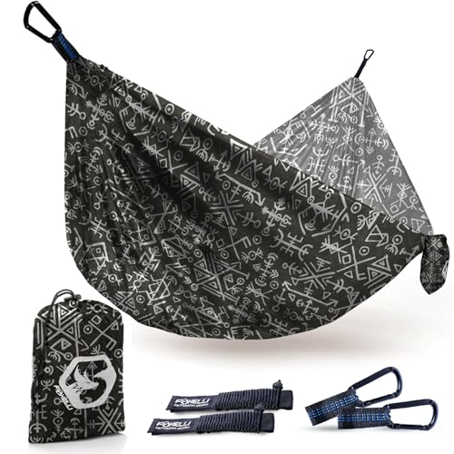 Foxelli Camping Hammock – Ultralight Hammock for Backpacking, Hiking, Festivals, Travel - Easy Setup with Tree-Friendly Ropes & Steel Carabiners, Heavy Duty Parachute Nylon - color: Tribal Grey
