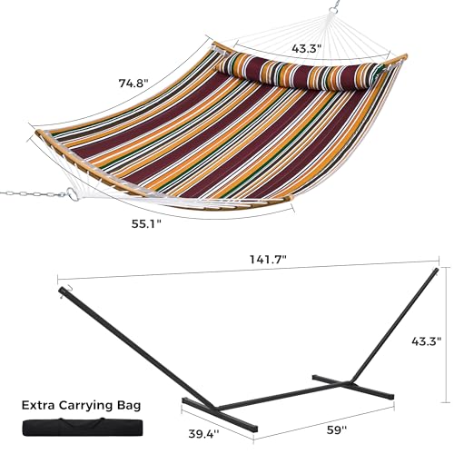 SUPERJARE Hammock with Stand, 2 Person Heavy Duty Hammock Frame, Detachable Pillow & Strong Curved-Bar & Portable Carrying Bag, Perfect for Outdoor & Indoor - Maple-Leaf Red - color: Maple-leaf Red