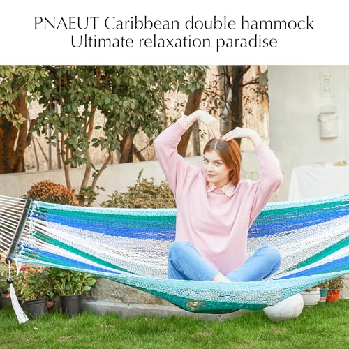 PNAEUT Double Rope Hammocks for Outside, Handwoven Double Caribbean Hammock with Spreader Bar for Outdoor Indoor, Max 600 lbs Capacity (Aqua) - color: Aqua