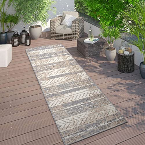Rugshop Distressed Geometric Indoor/Outdoor Beige Runner Rug Modern Tribal Stripe, Durable Stain Resistant Perfect for Patio, Backyard, Deck and Outdoor Lounge 2'7" x 10' - size: 2'7" x 10' (Rectangular)