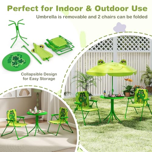 Costzon Kids Picnic Table, Kids Outdoor Table with 2 Folding Chairs, Height Adjustable Umbrella, Portable Children Outdoor Furniture for Patio, Garden, Backyard (Light Green) - color: Light Green Frog