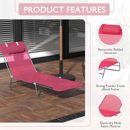 Majnesvon Folding Chaise Lounge Chair, Pool Sun Tanning Chair with Headrest, Outdoor Lounge Chair with Reclining Back, Breathable Mesh Seat, for Beach, Yard, Patio (Pink 2) - color: Pink 2