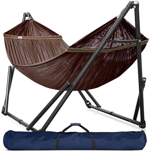 Tranquillo Universal Double Hammock with Stand Included for 2 Persons/Foldable Hammock Stand 600 lbs Capacity Portable Case - Inhouse, Outdoor, Camping, Brown - color: 1. Brown