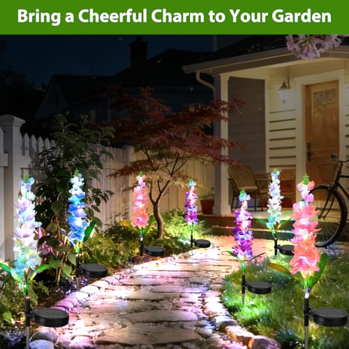4 Pack Color Changing Solar Lights Outdoor Waterproof, Solar Delphinium Flower Stake Lights Auto ON/Off Solar Garden Lights for Spring Lawn Pathway Landscape Birthday Gifts for Mom Women Grandma - color: Delphinium Flowers