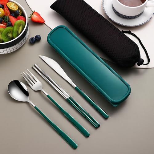 VANRA 4-Piece Portable Travel Utensils Set with Case 18/8 Stainless Steel Flatware Set Reusable Cutlery Set with Fork Spoon Knife Chopstick for Lunch Travel Camping School Work Picnic (Deep Green) - color: Deep Green, size: Fork Spoon Knife Chopstick