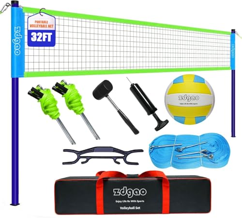 Volleyball Net Outdoor - Portable Volleyball Set for Backyard with Professional Volleyball Net, Wrap Yarn Volleyball and Pump, Boundary Line, Carry Bag - style: Plus-32FT(Blue&Green)