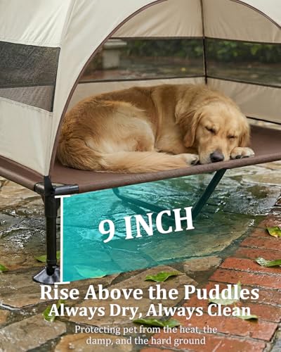 Elevated Dog Bed with Canopy - 3-Sided UV Protection Pet Tent with Wider Shade, Raised Cooling Outdoor Dog Cot with Breathable Mesh for Medium Large Dogs, Portable Bed for Camping, Patio (Khaki, XL) - color: Khaki, size: X-Large