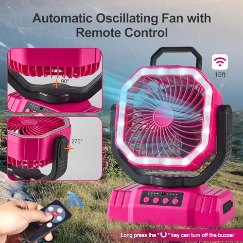 Odoland Portable Camping Fan with LED Lantern, 20000mAh Rechargeable Battery Powered Fan with Auto Oscillation, Timer, Remote, 360° Rotation Hook, 4 Speeds for Power Outage Travel Home, Pink - color: Pink