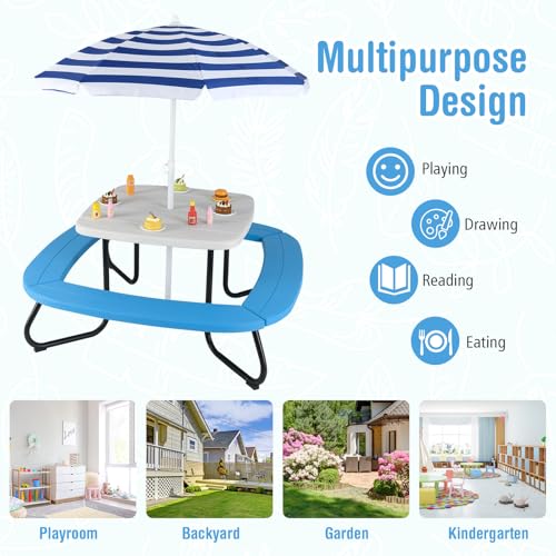 HONEY JOY Kids Picnic Table, 8 Person Toddler Outdoor Table and Chair Set, 4 Built-in Benches, Removable Umbrella, Metal Frame & HDPE Top, Children Outdoor Furniture for Backyard Patio Garden (Blue) - color: Blue