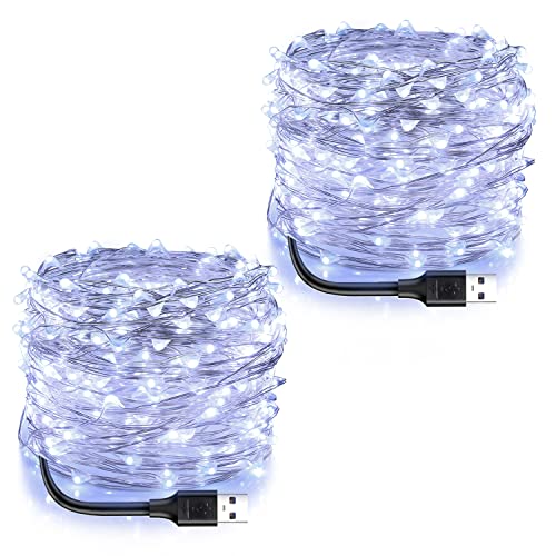 Blingstar USB Powered Fairy Lights, 2 Pack 33Ft 100 LED, Flexible Silver Wire, Mini String Lights for Christmas Tree/Bedroom/Camping/Dorm Indoor Decoration, Cool White - color: Cool White