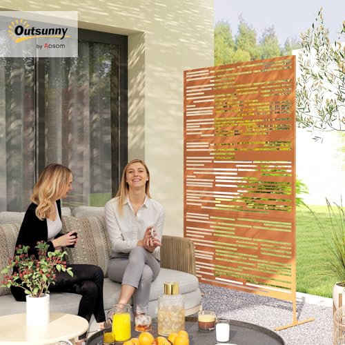 Outsunny Metal Outdoor Privacy Screen, 78" H x 48" W Decorative Privacy Fence Screen, Freestanding Outdoor Divider with Stand, Climbing Plant Trellis for Garden Walkway, Balcony, Patio, Barcode Brown - color: Brown/Barcode