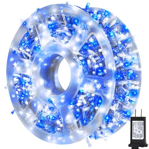 kemooie 500 LED Blue and White Christmas Lights, 164 FT 8 Twinkle Modes Plug in Waterproof Extra Long Fairy Lights for Outdoor Christmas Party Garden Decorations (Blue & White) - color: Blue&White