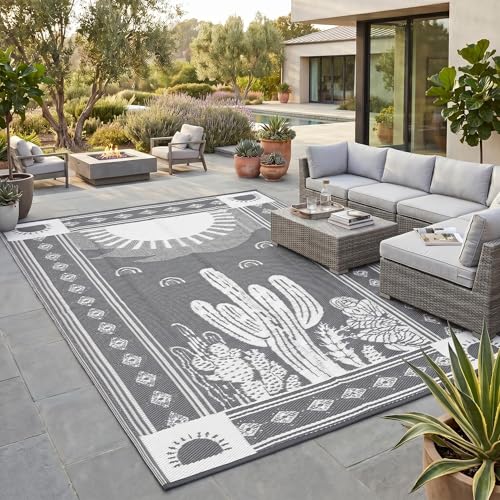 Garvee Reversible Cactus Outdoor Rug 8x10 for Patio, Waterproof Outdoor Area Rug, Modern Desert Botanical Indoor Outdoor Rugs, Plastic Straw Rug for RV, Camping, Deck, Grey - color: Grey & White-cactus, size: 8' x 10' (Rectangular)