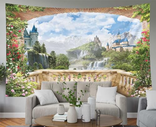 EMMTEEY Waterfall Tapestry - Colorful View from Balcony of Waterfalls With Castles - Dorm Wall Art 80X60 - Present for Families - color: Balcony Scenic, size: 80"L x 60"W