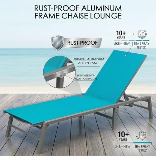 Kozyard Outdoor Foldable Lounge Chair, Aluminum Frame Patio Lounger with 5-Position Adjustable Backrest, Breathable Textilene Fabric, Assemble-Free, Reclining Full-Flat Poolside(Aqua) - color: Aqua