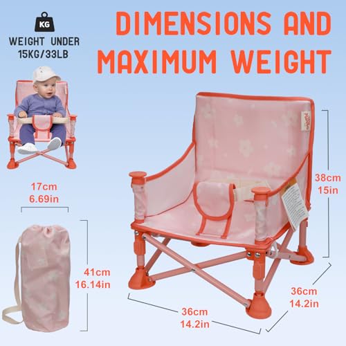 Tiny Marvels 3-in-1 Portable Baby Chair, Foldable Booster Seat with Removable Tray, Safety Harness & Carry Bag for Dining, Travel, Camping, Beach, 6M-3Y (Blush Petals) - color: Blush Petals