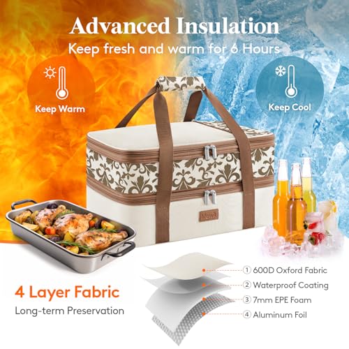 Lifewit Insulated Double Decker Casserole Carrier, Expandable Lasagna Lugger Tote Bag for Hot or Cold Food, Fits 9" x 13" Baking Dish for Potluck Parties, Picnic and Cookouts, Cream-Flowers - color: Cream-flowers
