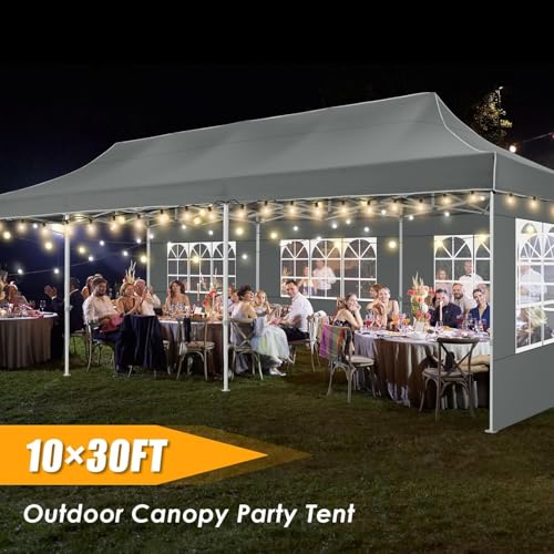 HOTEEL Tents for Parties 10x30 Pop Up Canopy Tent Heavy Duty with 8 Sidewalls, Commercial Party Tent Event Wedding Instant Canopy Waterproof with Carry Bag, UV 50+, Thicked Hexagonal Legs, Grey - color: Gray, size: 10x30FT (+8 Walls)