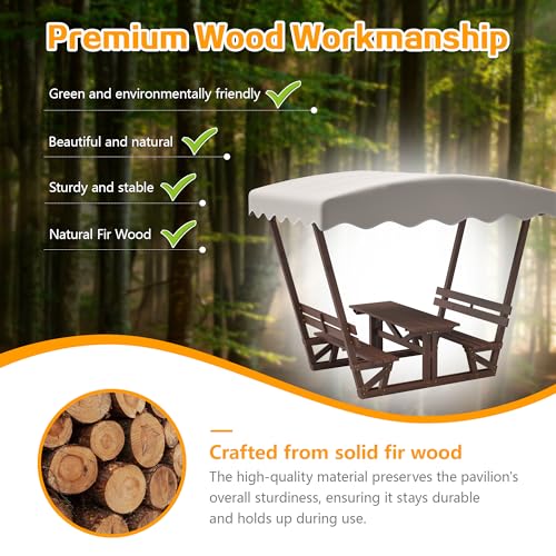 Outdoor Wooden Picnic Table with Removable Sunshade Canopy & Benches All-Weather Solid Wood Patio Dining Set for 4 6 Person Perfect for Backyard, Deck, Park, and Beach Brown - size: Table With Canopy